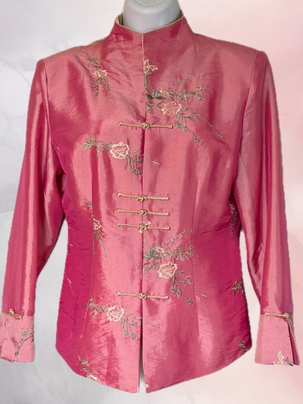 Vintage 90’s Asian Pink Satin Chinoiserie Floral Embroidered Frog Closure Jacket